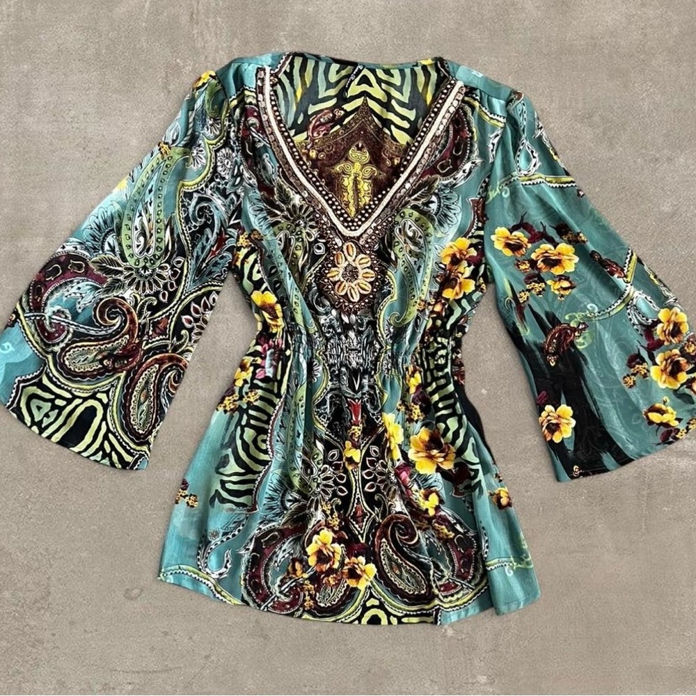 Teal Floral Paisley V-Neck Ruched Waist Blouse
